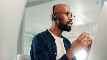 Black man, consultant or discussion with headset at call center for customer service or online...