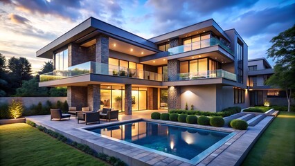 Fototapeta premium Modern luxurious mansion with pool and landscaped garden at dusk sky view