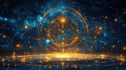 Cosmic digital art, glowing network, swirling patterns