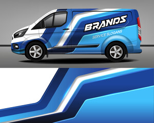 Delivery van vector design. Car sticker. Car design development for company. White background with blue stripes for vinyl car sticker.