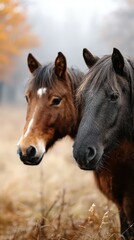 Obraz premium Horses standing in a misty field during autumn showcasing their beauty and serene presence