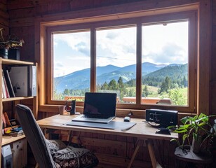 Fototapeta premium A digital workspace set up in a mountain cabin by a large window – Remote Work & Digital Nomads 