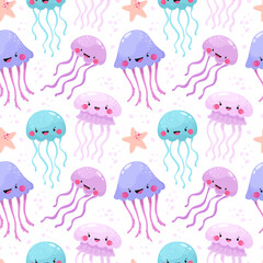 Seamless pattern with jellyfish, underwater world.