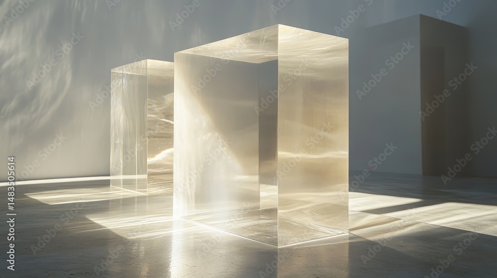 Poster two transparent rectangular forms illuminated by natural light.
