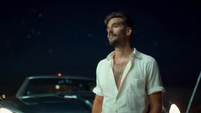 Homme pensif en chemise ouverte regardant le ciel &eacute;toil&eacute; devant une voiture r&eacute;tro la nuit

