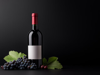 Obraz premium A bottle of red wine with a blank white label and a red capsule, nestled amongst dark grapes and green leaves on a dark, moody background with ample copy space.