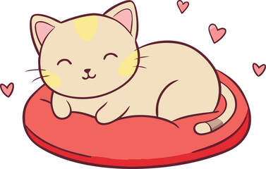 Adorable Cartoon Cat Napping on Red Pillow with Hearts