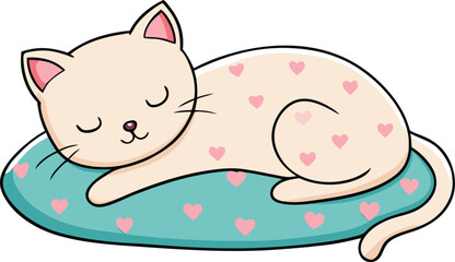 Adorable Cartoon Cat Sleeping Peacefully on Heart Patterned Pillow