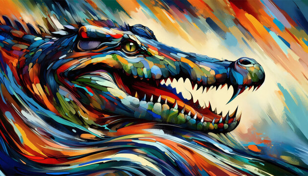 Colorful Abstract Crocodile Art, Vibrant Crocodile Illustration, Multicolored Crocodile Painting, Artistic Crocodile Portrait, Dynamic Crocodile Artwork, Color Splash Crocodile Design, Modern Crocodil