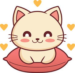 Adorable Cartoon Cat Resting on a Pink Pillow with Hearts