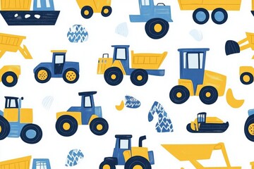 blue and yellow construction trucks, modern flat pattern for toddler boys