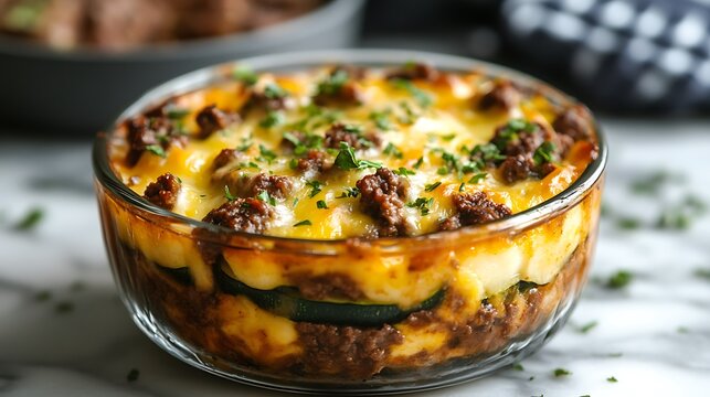 A creamy zapallitos rellenos, stuffed zucchini with beef and cheese, in a small glass dish, on a marble surface, in a glossy, contemporary style, the Argentinian recipe glowing in the center