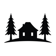 Silhouette of a Cozy Cabin Nestled Between Two Tall Evergreen Trees on a Gently Rolling Hill
