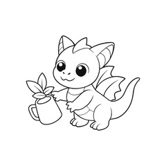 Adorable Baby Dragon Watering a Plant in a Mug	