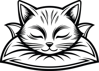 Sleeping Cat Head Illustration Black and White Design