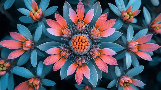 Drone view of wildflower patch showcasing symmetrical arrangement of colors patterns Early light highlights details textures of petals leaves while polarizing filter enhances vibrancy reduces glare