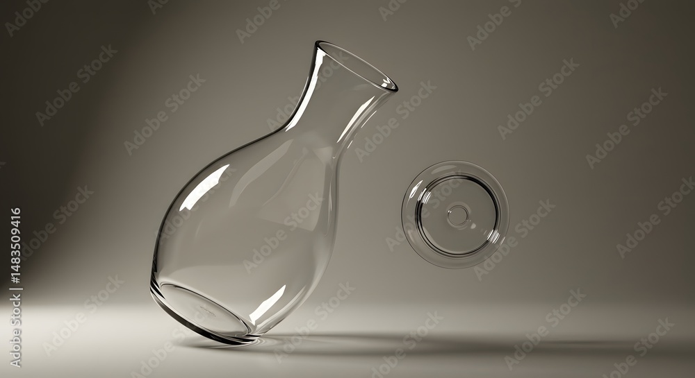 Poster a clear glass carafe tilted to the left with its circular lid floating to the right