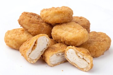 Pile of golden fried chicken nuggets on white background