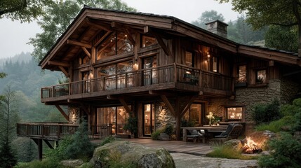 Rustic wooden chalet in forest