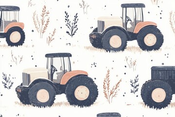 classic farm tractors with rustic details, soft color palette, seamless vector pattern for nursery