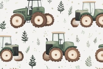 classic farm tractors with rustic details, soft color palette, seamless vector pattern for nursery