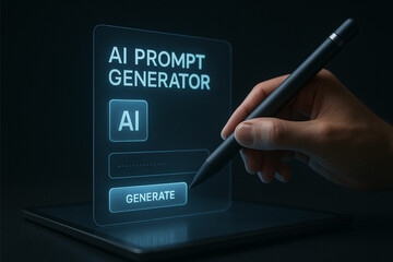 A hand touching digital screen by digital pen for generating AI prompt