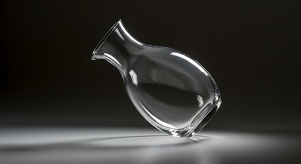 A clear glass carafe with a curved spout resting on a reflective surface against dark backdrop