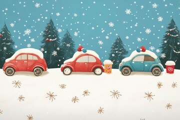 cute cars in the snow with mittens and cocoa mugs, child-friendly holiday pattern