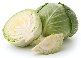Whole and cut fresh green cabbage on white background