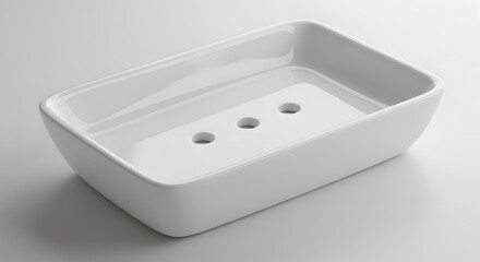A rectangular white ceramic soap dish with three holes on a white surface plain background