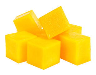 Ripe mango cubes forming a pile on transparent background