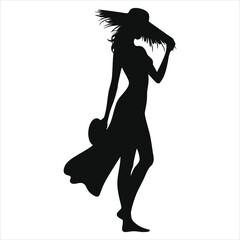 Fototapeta premium Stylish woman in a wide-brimmed hat( Summer beach dress ) vector silhouette./A bold, elegant silhouette of a woman wearing a large straw hat, reminiscent of a beach vacation.