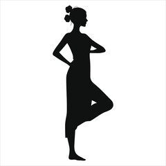 Graceful Vector Silhouette of a Woman Practicing Yoga(Yoga tunic-dress)/A black and white silhouette of a woman in a yoga pose.