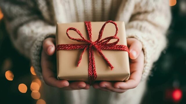 Close-up of child's hands in sweater holding small gift wrapped in kraft paper and tied with red string.