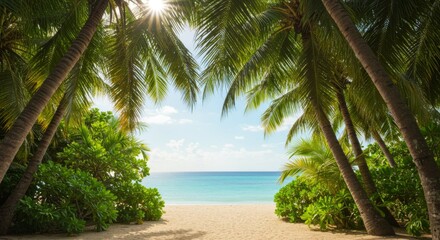 Obraz premium Sunlit Tropical Beach Scene with Lush Palm Trees