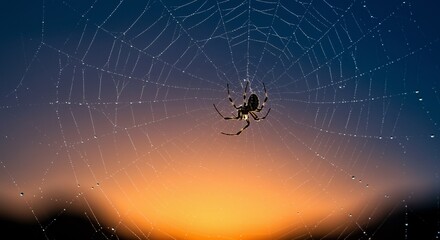 Spider on a Delicate Dew-Kissed Web at Sunset
