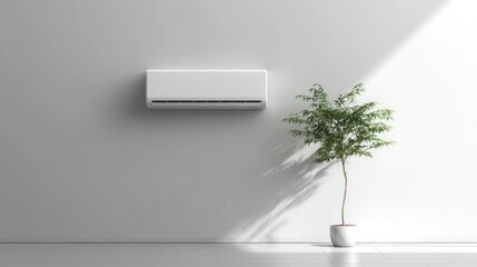 Obraz premium Modern wall-mounted air conditioner in a minimalist room with a potted plant