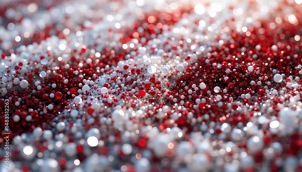 Poster densely packed red and white spheres creating a visually striking texture with shimmering highlights