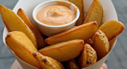 Potato wedges in a paper cone with dipping sauce close up.