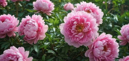 Luscious pink peonies, vibrant green foliage  Close-up view ,  lush,  design,  greenery