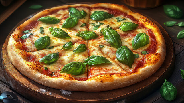 A margherita pizza garnished with fresh basil leaves is served on a wooden board