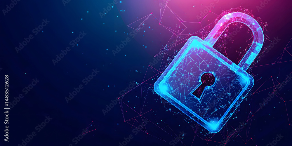 Poster electronic circuit futuristic neon padlock. copy paste empty place for text. cyber, personal data, p