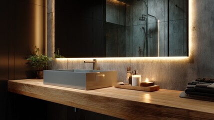 Modern, minimalist bathroom vanity with wood countertop, illuminated mirror, and subtle lighting