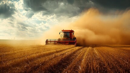 Fototapeta premium Hardworking farmer harvesting wheat in dusty field