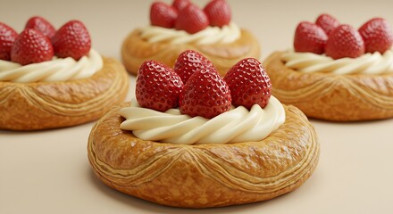 Danish pastry. The puff pastries with cream cheese and strawberries. Background