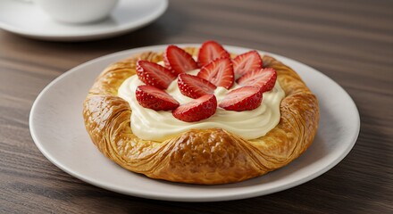 Danish pastry. The puff pastries with cream cheese and strawberries. Background