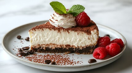 Slice of Cheesecake with Raspberries and Whipped Cream