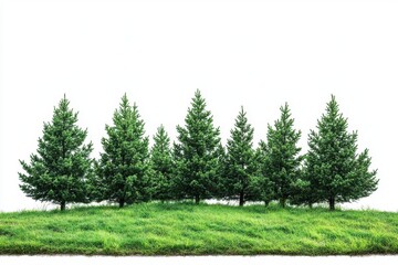 Row of evergreen trees on grass isolated on white background