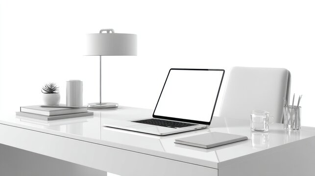 Modern workspace setup with laptop, lamp, and accessories