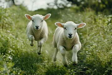 Obraz premium two Lamb running in the field, seen from the front closeup